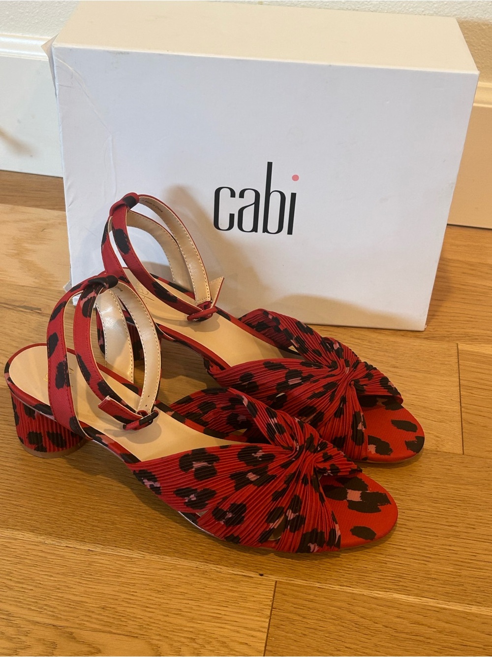CAbi Red Leopard Knot-Front Block Heel Sandals
